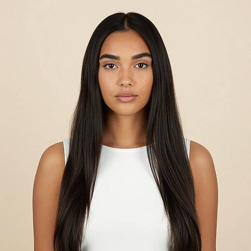 Photograph of a young woman with long, straight black hair, wearing a white sleeveless top, against a plain beige background.