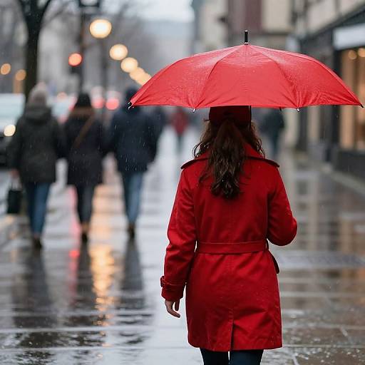 Photograph of a woman in a red coat and matching umbrella, walking on a rainy city street with blurred, glowing street lights in the background.