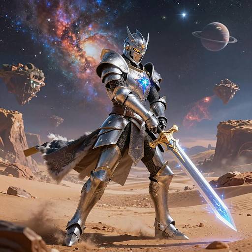 Valiant Cosmic Knight in Alien Landscape