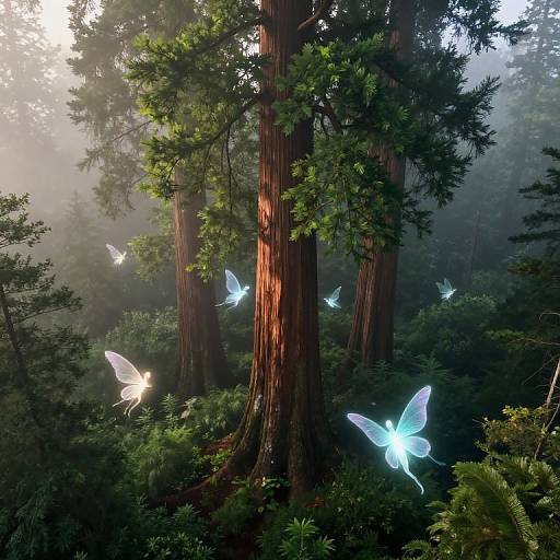 Photorealistic CGI forest scene with tall redwood trees, misty light filtering through, and glowing blue and white ethereal butterflies flitting among lush