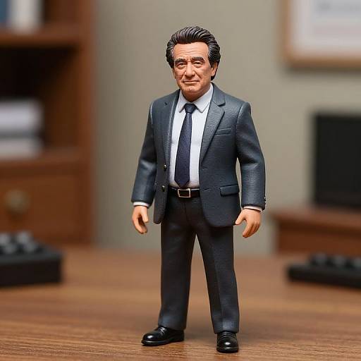 Photograph of a detailed, dark-suited action figure with black hair, white shirt, and black tie, standing on a wooden desk in an office