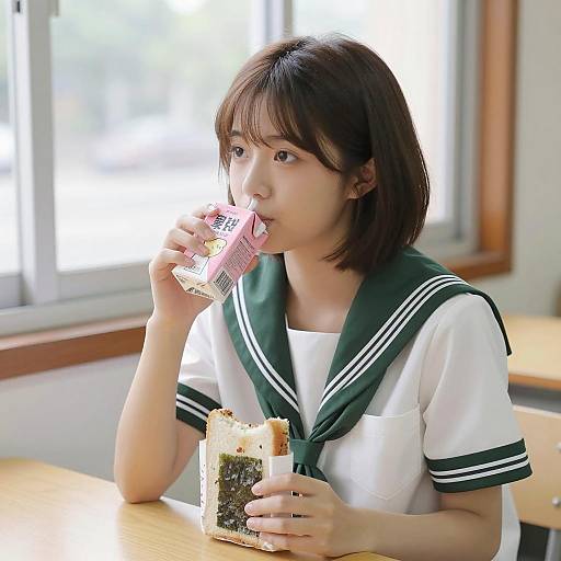Asian Woman in Sailor Uniform Drinking Milk