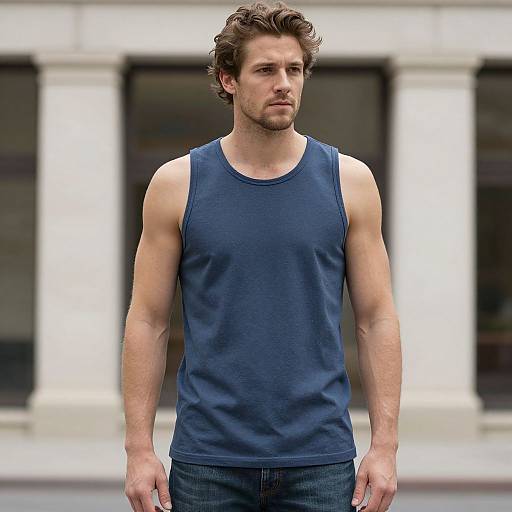 Photograph of a muscular, fair-skinned man with wavy brown hair, wearing a navy blue tank top and blue jeans, standing outdoors against a