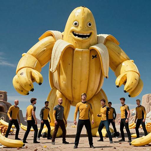 Photograph of seven men in yellow and black shirts standing in front of a giant, smiling, banana-shaped robot with peeled banana arms, under a clear
