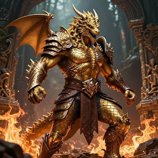 Digital artwork of a muscular, golden-scaled dragon warrior with wings, wearing spiked armor, standing in a fiery, ruined cathedral.