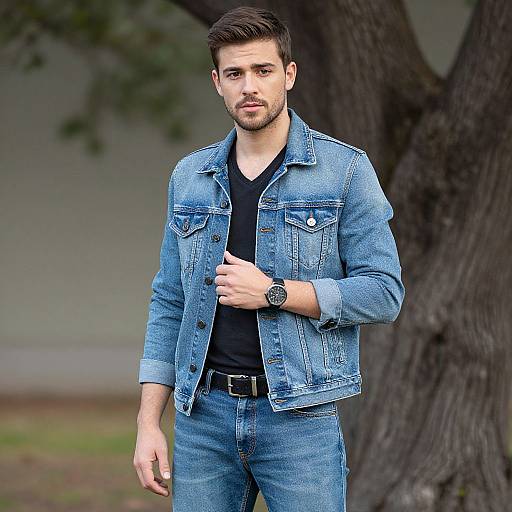 Photograph of a handsome, bearded man with short brown hair, wearing a blue denim jacket, black shirt, and jeans, standing outdoors by a