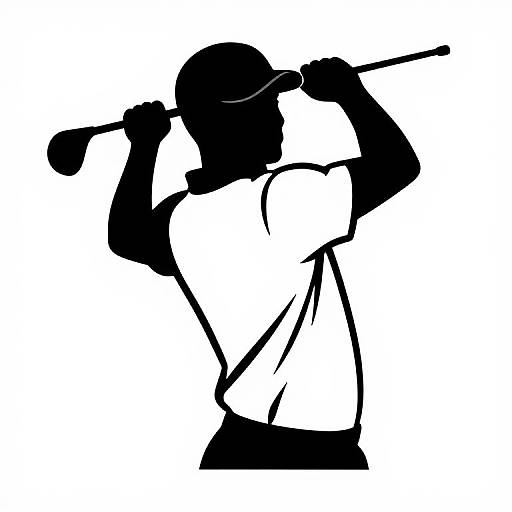 Black and white silhouette of a golfer taking a shot, with arms raised and club overhead, wearing a cap and shirt.
