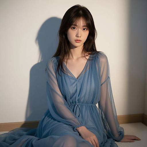 Photograph of an East Asian woman with long black hair, wearing a sheer blue dress, sitting on a carpeted floor, illuminated by sunlight casting a