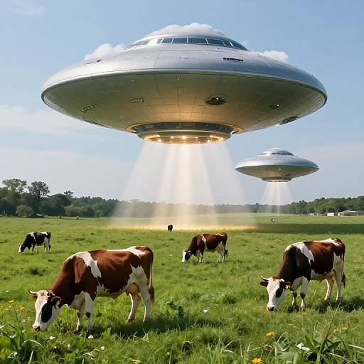 Photograph of two UFO-like spacecraft hovering above a grassy field with grazing brown and white cows, emitting bright beams of light. Clear blue sky in