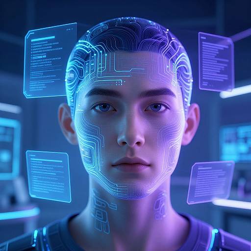 Digital CGI image of a young person with blue glowing neural circuit patterns on their face, surrounded by floating text boxes, in a futuristic, blue-lit
