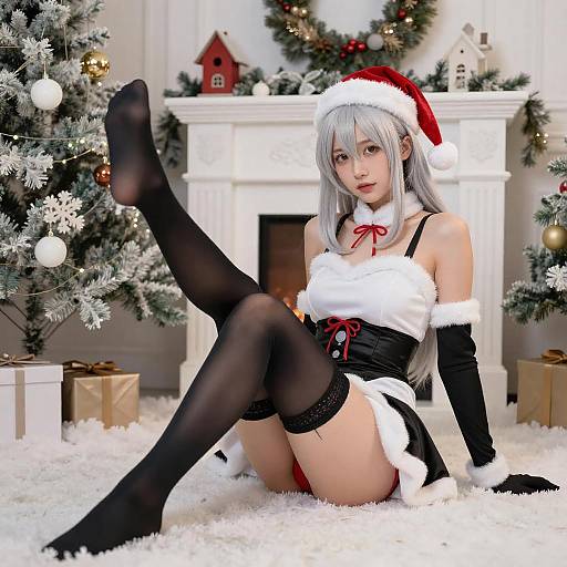 Silver-Haired Santa Woman by Fireplace