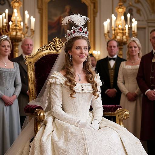 Photograph of a regal woman in an ornate white wedding dress with a silver crown and feathered headpiece, seated on a gold chair,