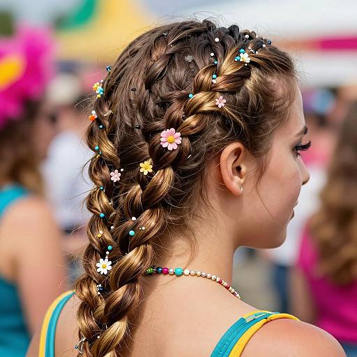 Photograph of a young woman with a detailed braided crown adorned with flowers and beads, wearing colorful striped clothing, outdoors.