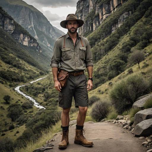 Man in Safari Outfit on Mountain Path