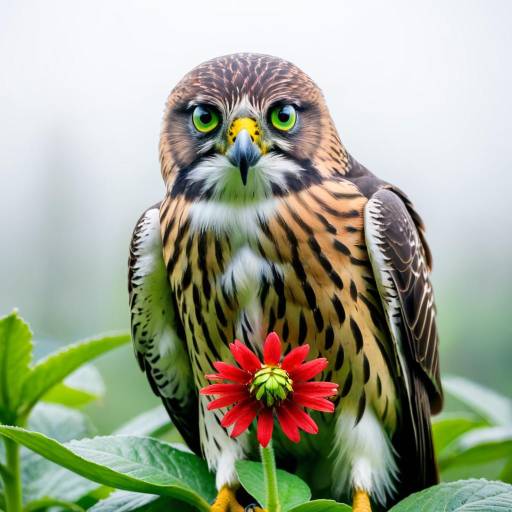 Glowing Falcon with Red Flower in Fog