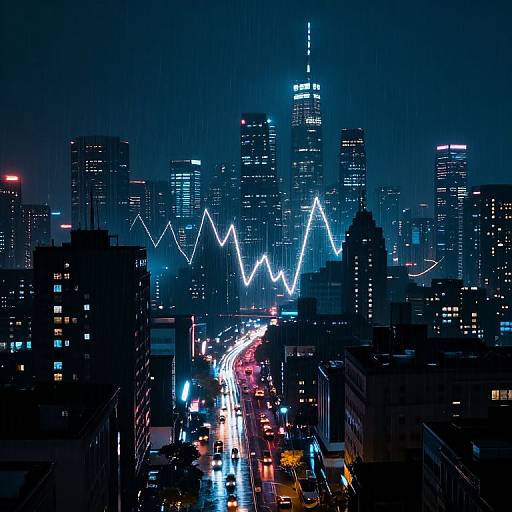 Nighttime cityscape photograph of a city skyline with illuminated skyscrapers, a neon zigzag light trail, and glowing streetlights.