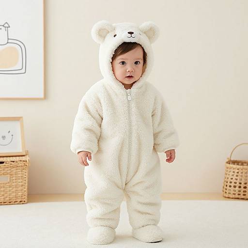 Photograph of a baby in a fluffy white bear onesie with ears, standing in a bright, minimalist room with wicker baskets.