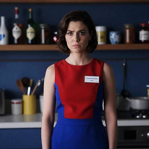 Woman in Red and Blue Dress in Kitchen