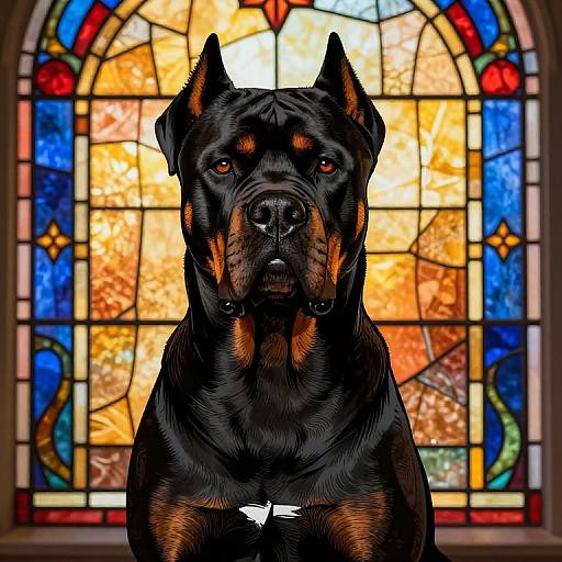 Photorealistic digital drawing of a serious black and brown Doberman with pointed ears, staring forward against a colorful stained glass window.