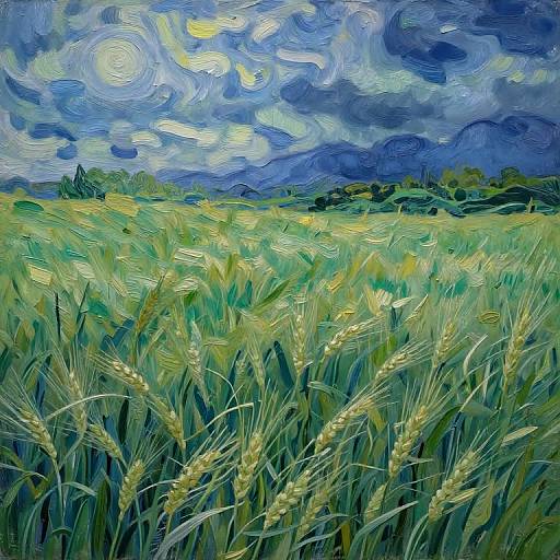 Vivid oil painting of a wheat field under a swirling blue and yellow sky, with green and yellow wheat stalks in the foreground.