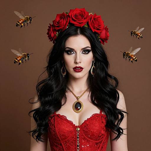 Digital art of pale-skinned woman with black hair, red roses in headpiece, red lace corset, bees flying around, dark lipstick, gold