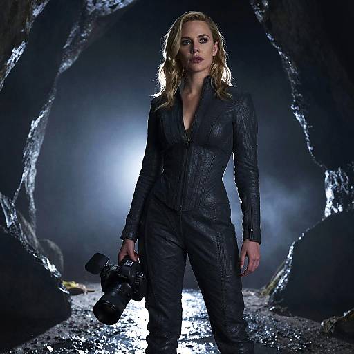 Photograph of a blonde woman in a black, textured jumpsuit, holding a camera, standing in a dark, icy cave with glowing light behind her