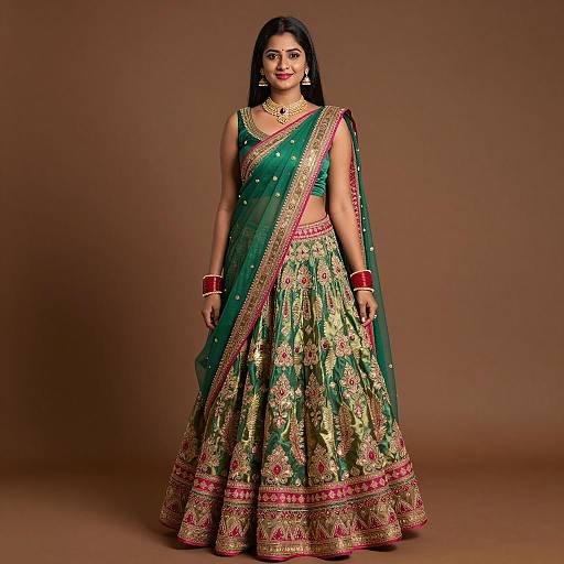 Young Indian Woman in Green and Gold Lehenga Choli