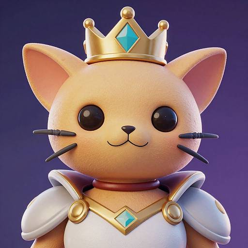 CGI image of a cute, peach-colored cat with large black eyes, wearing a golden crown with a blue gem, and white armor with gold accents