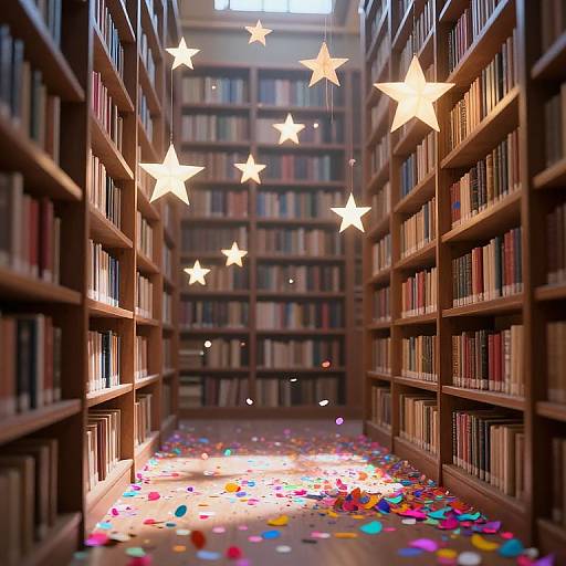 Photograph of a library aisle with wooden bookshelves on both sides, illuminated by glowing white star-shaped lights, and colorful confetti scattered on the