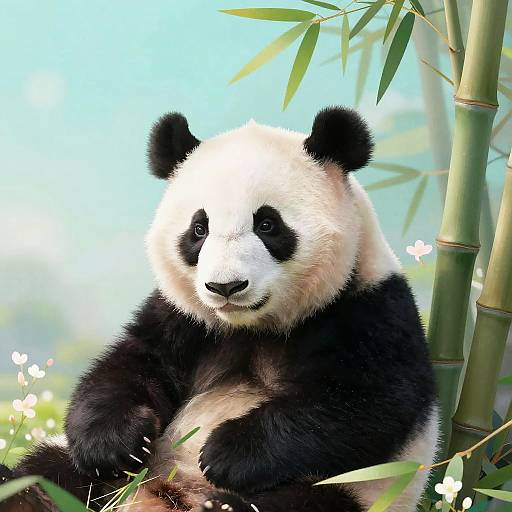 Photograph of a large panda with black-and-white fur, sitting among green bamboo and small white flowers, under a clear blue sky.