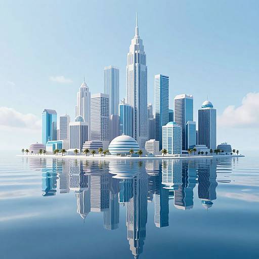 Digital illustration of a modern city skyline with reflective water, featuring tall skyscrapers, a dome-shaped building, and clear blue sky.