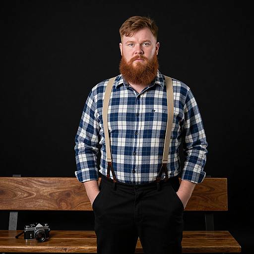 Photograph of a bearded man with fair skin, brown hair, wearing a blue-and-white checkered shirt, black pants, and beige suspenders