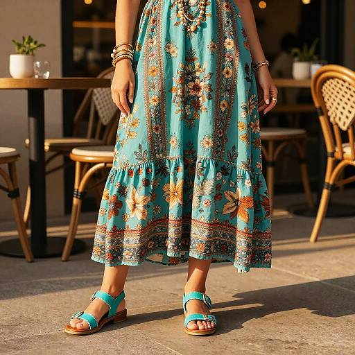 Photograph of a woman wearing a turquoise, floral-patterned, knee-length dress and turquoise sandals, standing outdoors on a sunlit pavement.