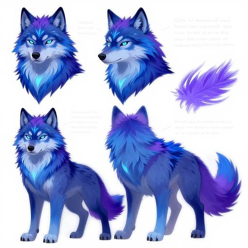 Digital artwork of a blue and purple wolf with glowing eyes, depicted in five views: headshots and full-body profiles, showcasing varied expressions and a fluffy