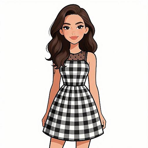 Digital illustration of a smiling woman with long, wavy dark brown hair wearing a black and white checkered sleeveless dress with a sheer polka-d