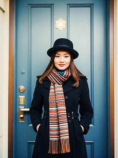 Woman in Winter Outfit Standing by Door