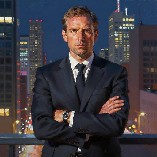 Stern Businessman in Neon Cityscape