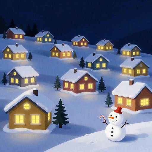 Snowy Village Nightscape with Snowman