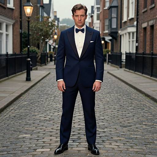 Photograph of a young man in a black tuxedo with bow tie, standing on a cobblestone street between brick buildings.