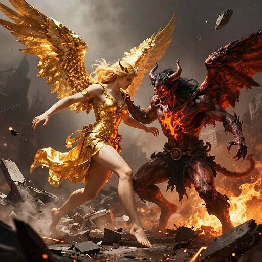 Digital fantasy artwork: Golden-winged angel with flowing blonde hair battles demonic figure with red wings and black armor amidst fiery ruins.