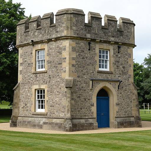 Photograph of a small, square, medieval-style stone castle with crenellated turret, blue arched door, white-framed windows, and