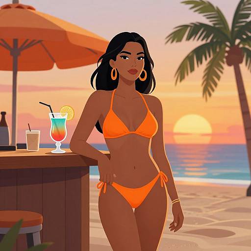 Digital illustration of a dark-haired woman in an orange bikini, standing at a beach bar during sunset, with a drink and umbrella in the background.
