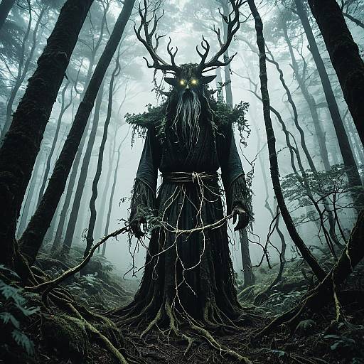 Mysterious Forest Spirit in Foggy Woodland