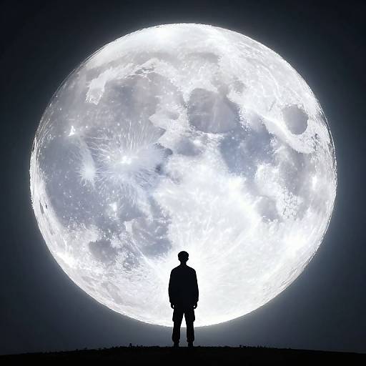 Silhouette of a person standing in front of a giant, glowing full moon against a dark night sky. Photorealistic digital art.