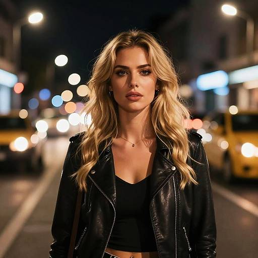 Photograph of a blonde woman with wavy hair, wearing a black leather jacket and crop top, standing on a nighttime city street with blurred car headlights