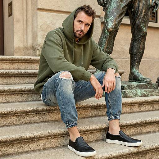 Photograph of a bearded man with short brown hair, wearing a green hoodie, ripped jeans, and black slip-on shoes, sitting on stone steps