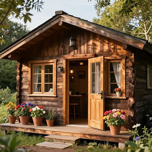 Photograph of a charming rustic wooden cabin with open door, potted colorful flowers on a wooden porch, surrounded by lush greenery. Sunlight filters