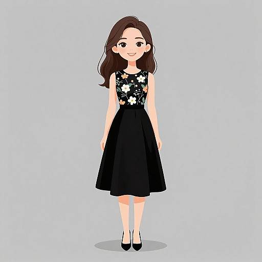 Digital illustration of a smiling young woman with long brown hair, wearing a black floral top and a black skirt, standing on a light blue background.