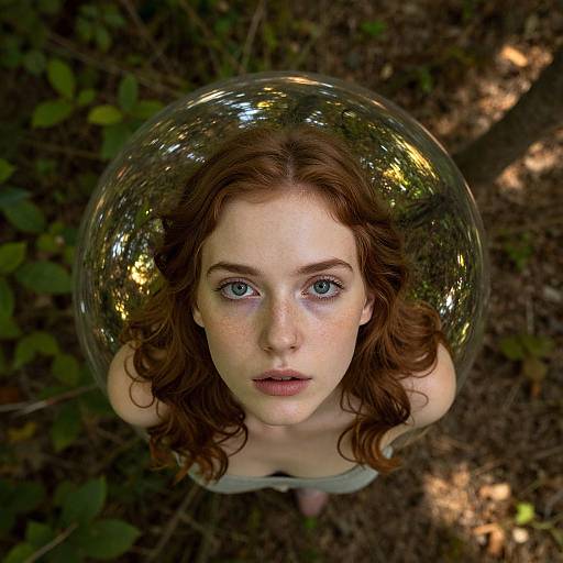 Photograph of a fair-skinned, freckled redhead woman with blue eyes, wearing a transparent bubble helmet, looking up at the camera in a