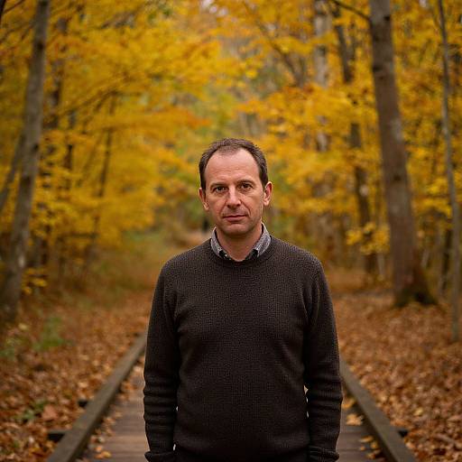 Photograph of middle-aged man with short dark hair, wearing black sweater over blue shirt, standing on autumn pathway with yellow leaves.